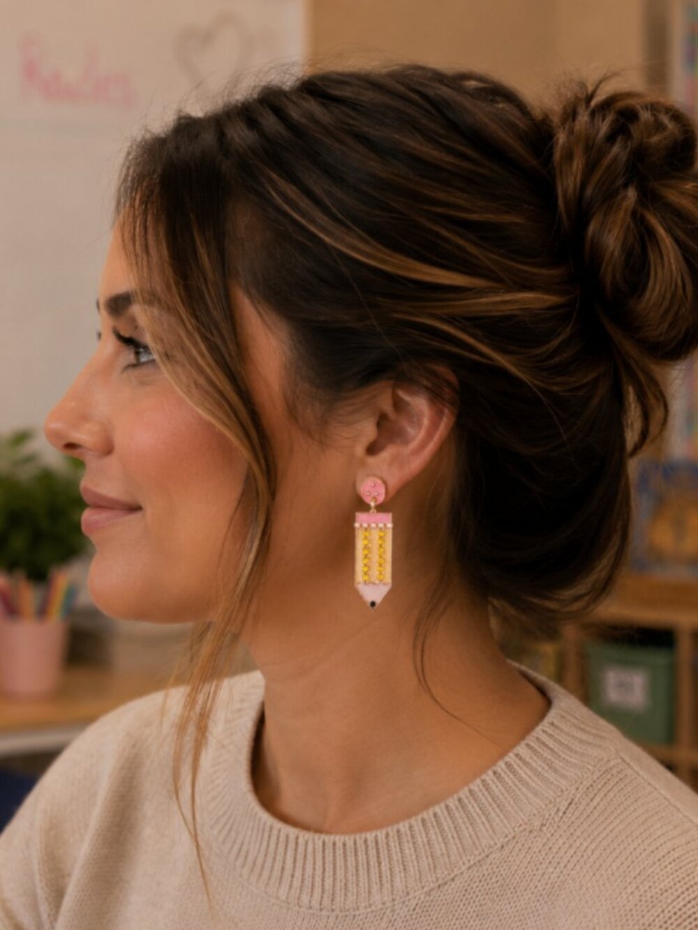 NEW Teachers Gift Jeweled Pencil Stud Earrings w/ Pearl Accents